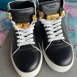 Buscemi black and white leather hi-top sneakers. Floor model. Obo